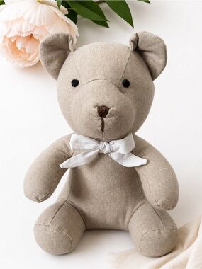Rise Little Earthling Teddy Bear Plush 12” Beige Cotton Linen Look Nursery